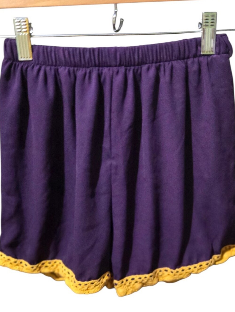 Vintage Fascination Purple Shorts Yellow Crochet Trim Size S Retro